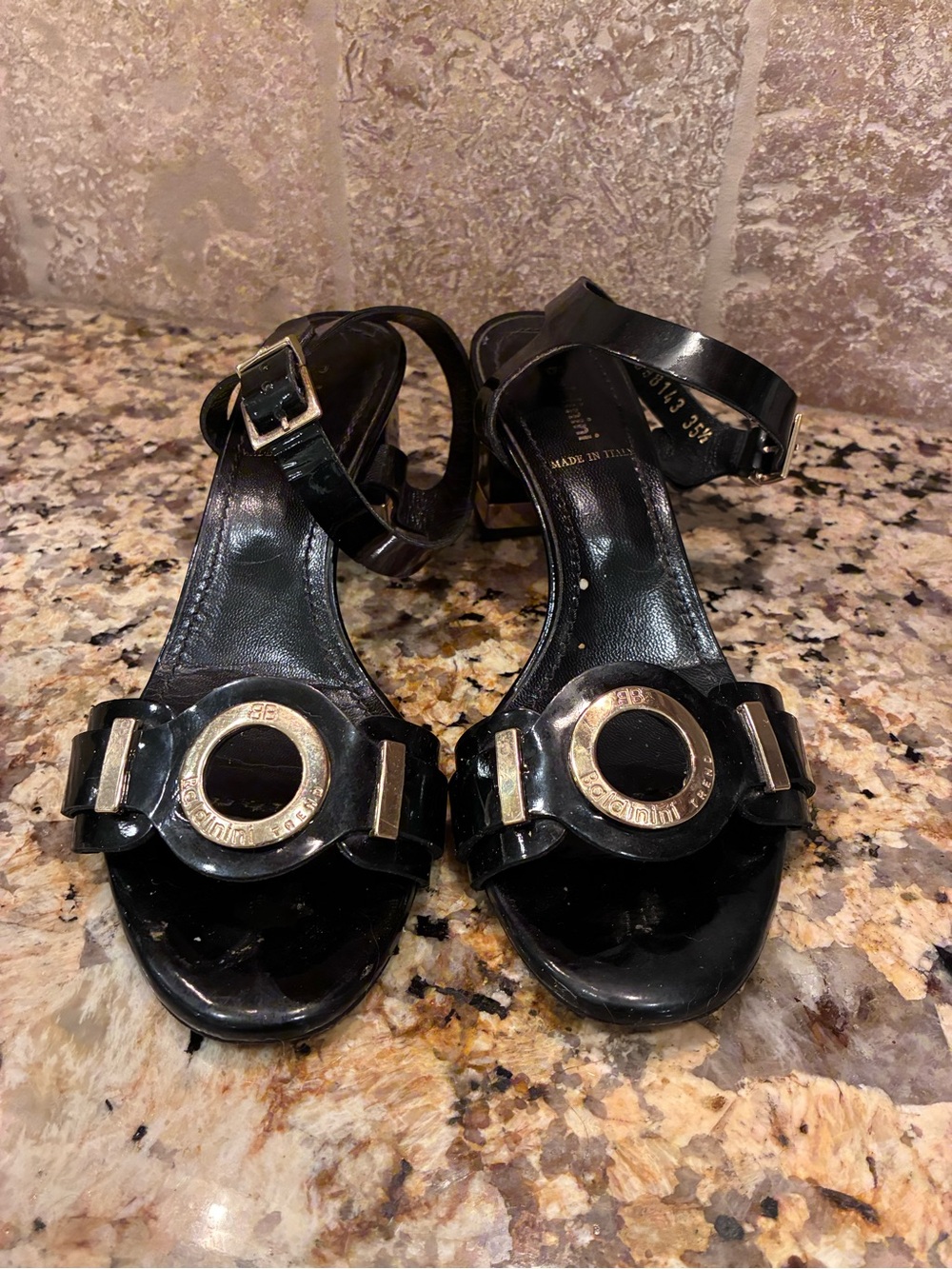 Baldinini Black Patent Leather Womens Sandals with Gold Accent